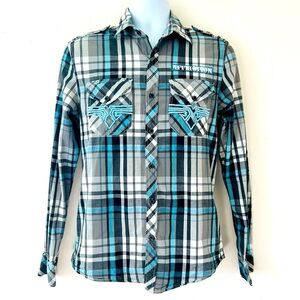 Affliction VTG Y2K Mens Blue Plaid Embroidered Long Sleeve Slim Fit Shirt Size M
